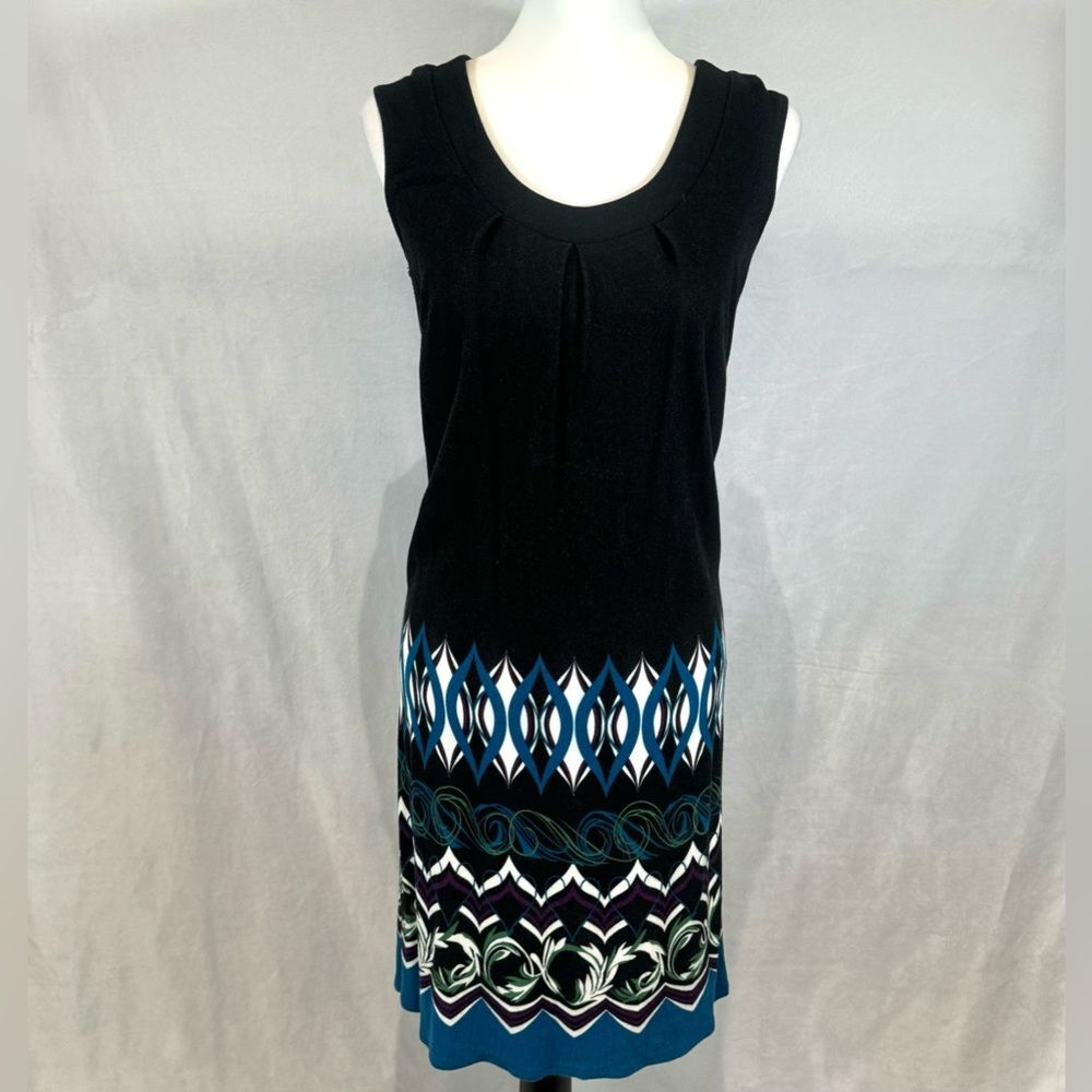 Ann Taylor Loft black and blue abstract print knit stretch dress size 8